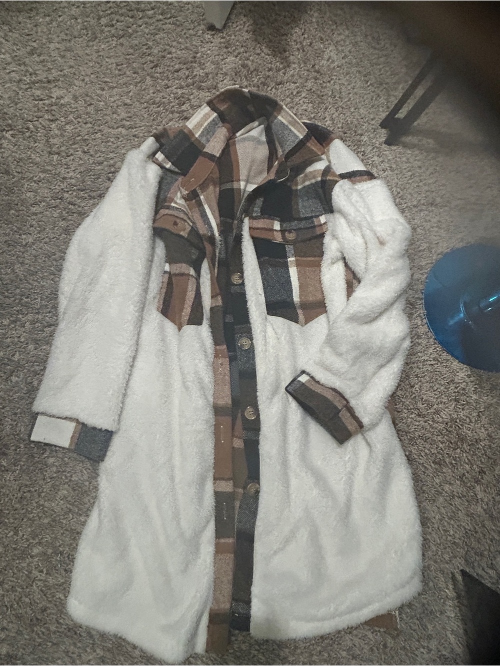Fashion Nova White Teddy Coat with Brown and Black Plaid Trim